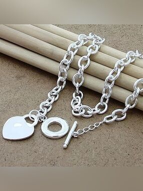 Silver Toggle Chain Necklace - Link Design Heart Charm!